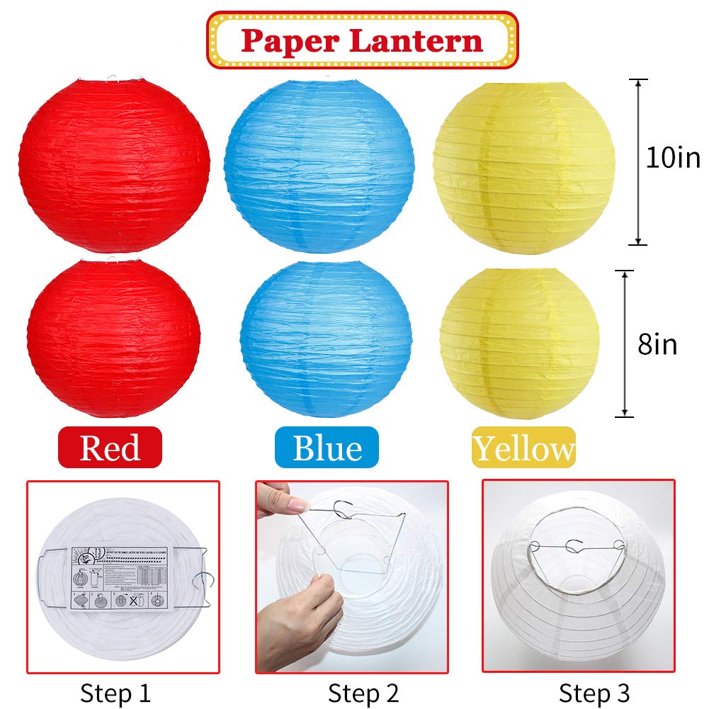 Zilue Carnival Circus Party Decorations, Red Yellow Blue Paper Lanterns And Pom Poms Flowers For Birthday Party Baby Showers Car